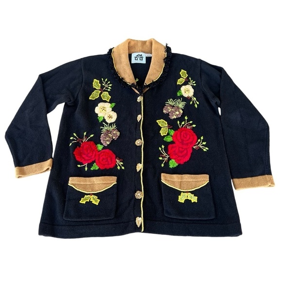 VTG Storybook Knits Holiday Floral Cardigan Sweater Embellished Black Gold Large - Picture 4 of 16